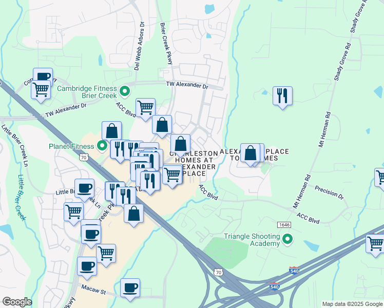 map of restaurants, bars, coffee shops, grocery stores, and more near 7751 ACC Boulevard in Raleigh