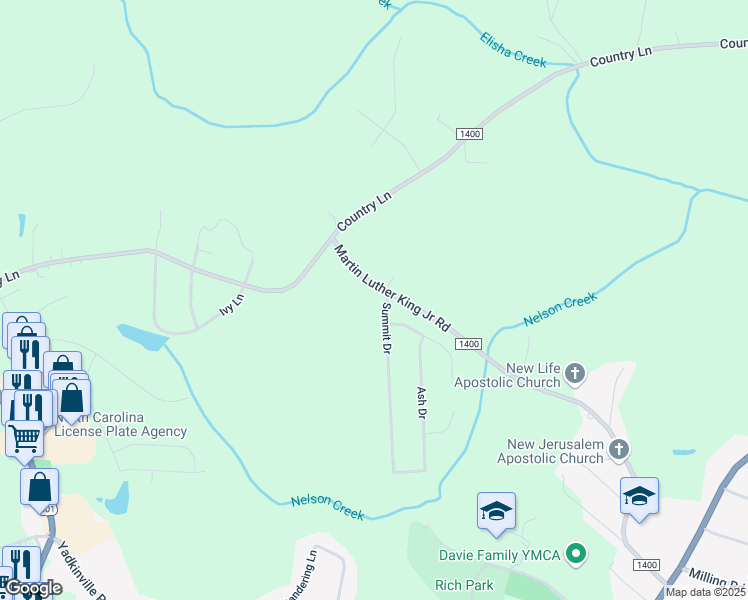 map of restaurants, bars, coffee shops, grocery stores, and more near 117 Summit Drive in Mocksville