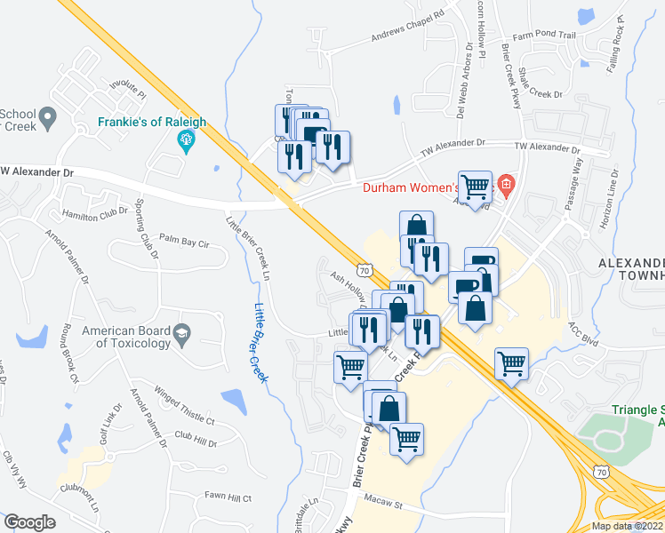 map of restaurants, bars, coffee shops, grocery stores, and more near 10320 Ash Hollow Drive in Raleigh