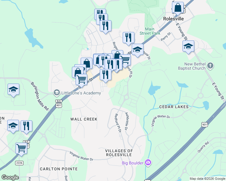 map of restaurants, bars, coffee shops, grocery stores, and more near 417 South Main Street in Rolesville