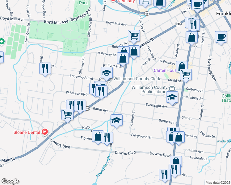 map of restaurants, bars, coffee shops, grocery stores, and more near 1311 West Main Street in Franklin