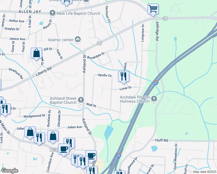 map of restaurants, bars, coffee shops, grocery stores, and more near 153 Apollo Circle in Archdale