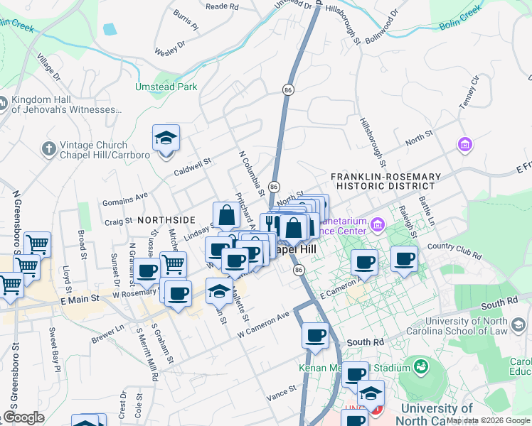 map of restaurants, bars, coffee shops, grocery stores, and more near 212 Pritchard Avenue in Chapel Hill