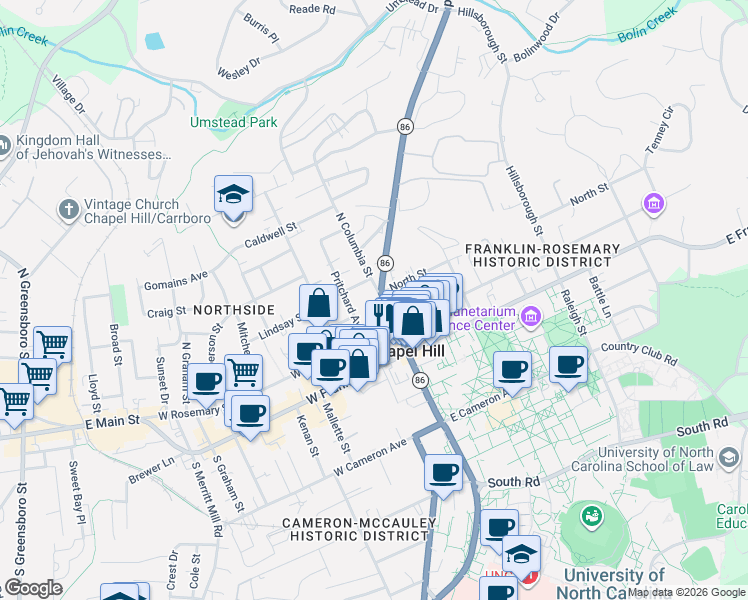 map of restaurants, bars, coffee shops, grocery stores, and more near 212 Pritchard Avenue in Chapel Hill