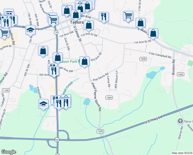 map of restaurants, bars, coffee shops, grocery stores, and more near 431 Pop Davis Road in Township of Taylorsville