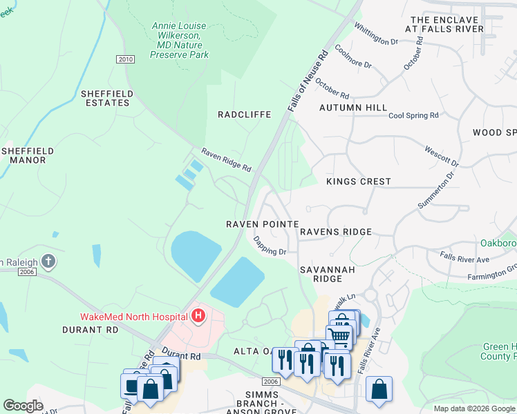 map of restaurants, bars, coffee shops, grocery stores, and more near 10454 Dapping Drive in Raleigh