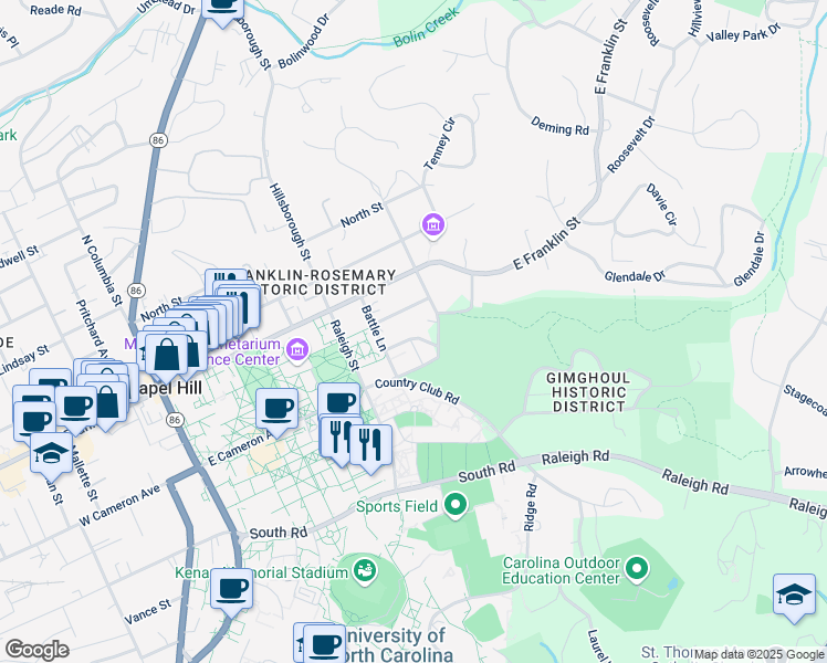 map of restaurants, bars, coffee shops, grocery stores, and more near 514 Senlac Road in Chapel Hill