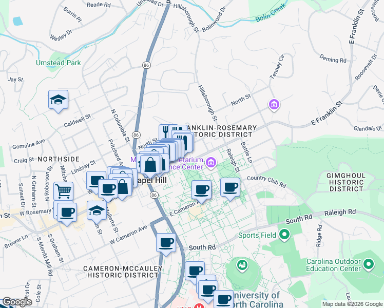 map of restaurants, bars, coffee shops, grocery stores, and more near 210 East Franklin Street in Chapel Hill