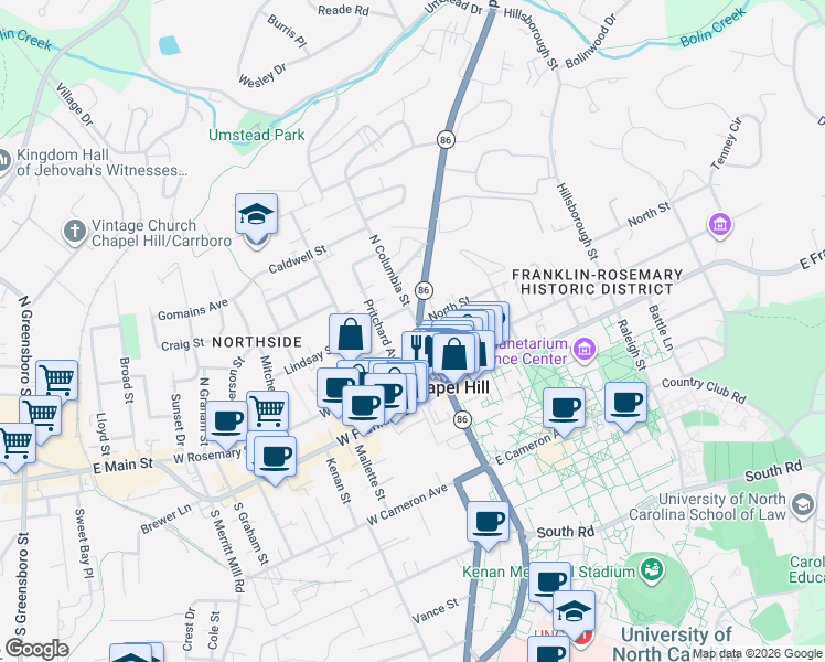 map of restaurants, bars, coffee shops, grocery stores, and more near 212 Pritchard Avenue in Chapel Hill