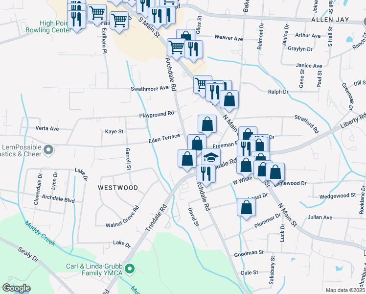 map of restaurants, bars, coffee shops, grocery stores, and more near 3308A Archdale Road in Archdale