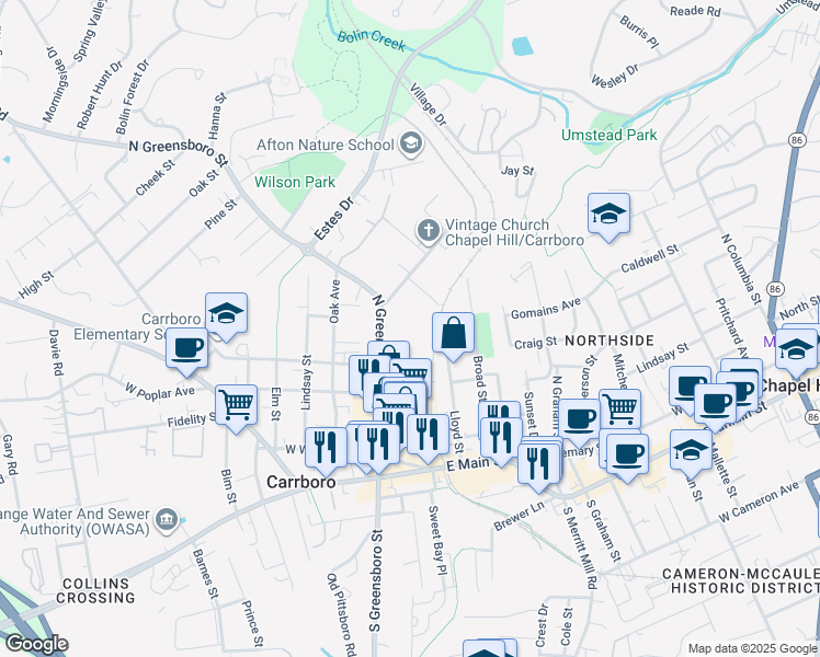 map of restaurants, bars, coffee shops, grocery stores, and more near 506 North Greensboro Street in Carrboro