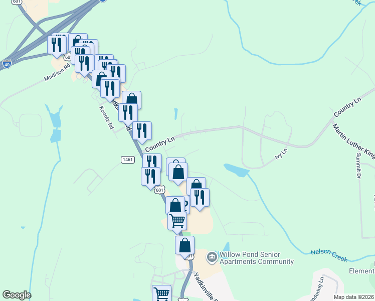 map of restaurants, bars, coffee shops, grocery stores, and more near 1119 Yadkinville Road in Mocksville