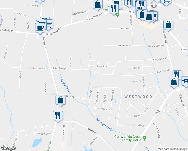 map of restaurants, bars, coffee shops, grocery stores, and more near 312 Terrace Trace Court in Archdale