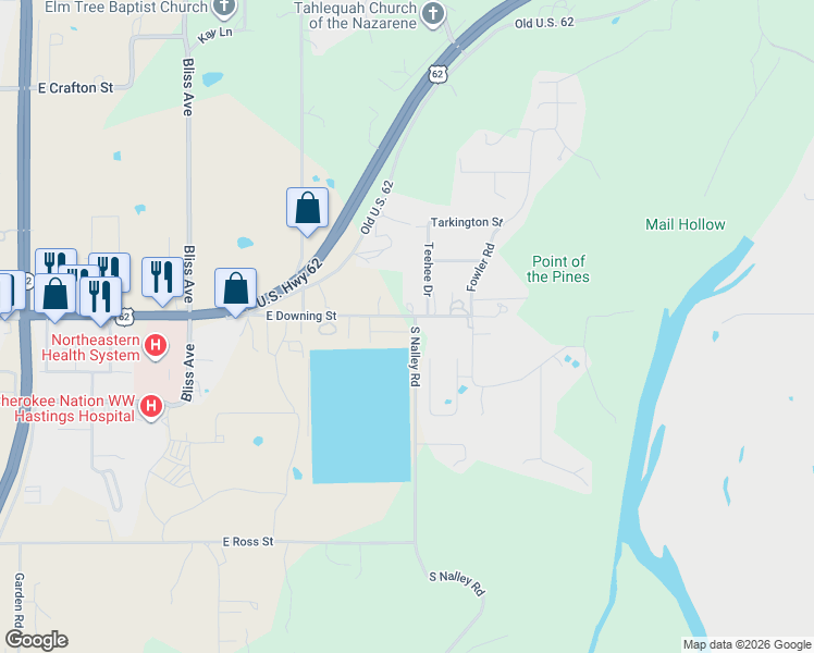 map of restaurants, bars, coffee shops, grocery stores, and more near 18001 South Nalley Road in Tahlequah