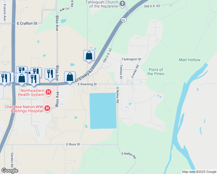 map of restaurants, bars, coffee shops, grocery stores, and more near 18001 South Nalley Road in Tahlequah