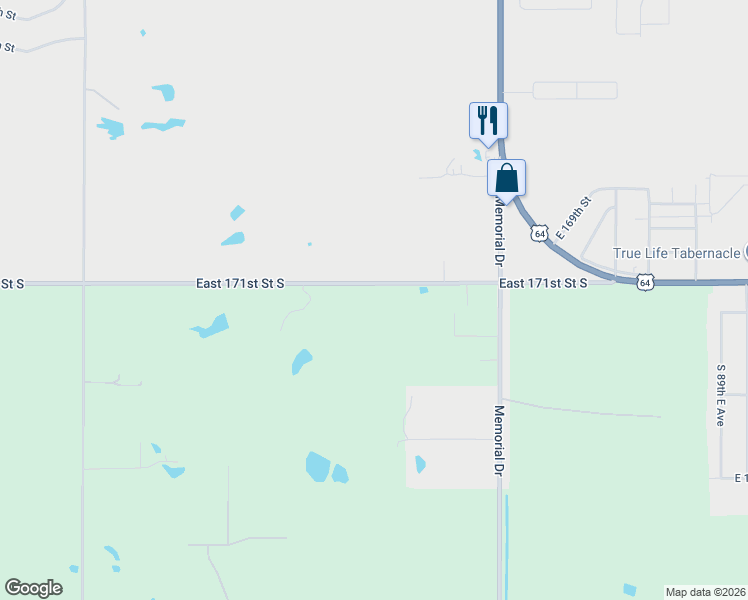 map of restaurants, bars, coffee shops, grocery stores, and more near 7692 East 171st Street South in Bixby