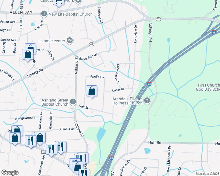 map of restaurants, bars, coffee shops, grocery stores, and more near 901 Lunar Drive in Archdale