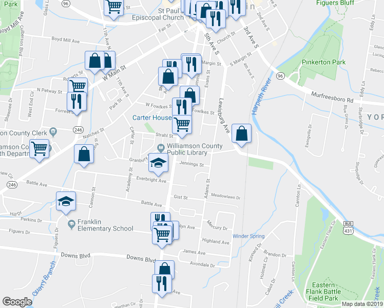 map of restaurants, bars, coffee shops, grocery stores, and more near 112 Cleburne Street in Franklin