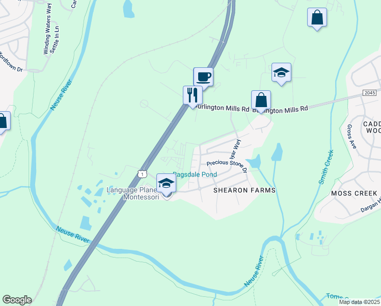 map of restaurants, bars, coffee shops, grocery stores, and more near 9925 Sweet Basil Drive in Wake Forest