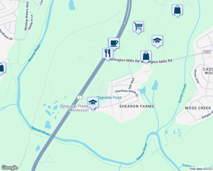 map of restaurants, bars, coffee shops, grocery stores, and more near 9925 Sweet Basil Drive in Wake Forest