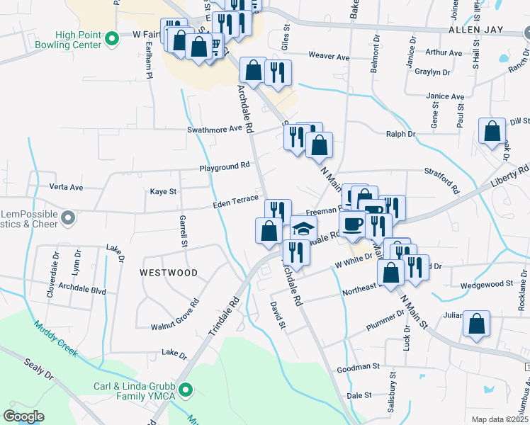 map of restaurants, bars, coffee shops, grocery stores, and more near 3308A Archdale Road in Archdale