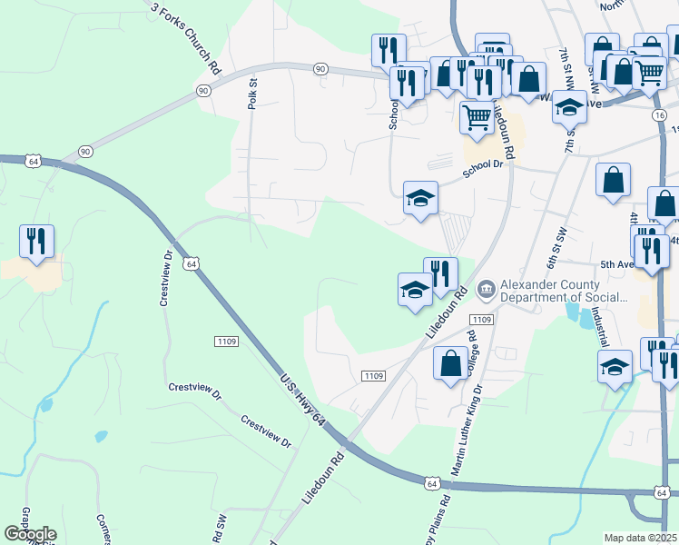 map of restaurants, bars, coffee shops, grocery stores, and more near 401 Alexander Acres Drive in Township of Taylorsville