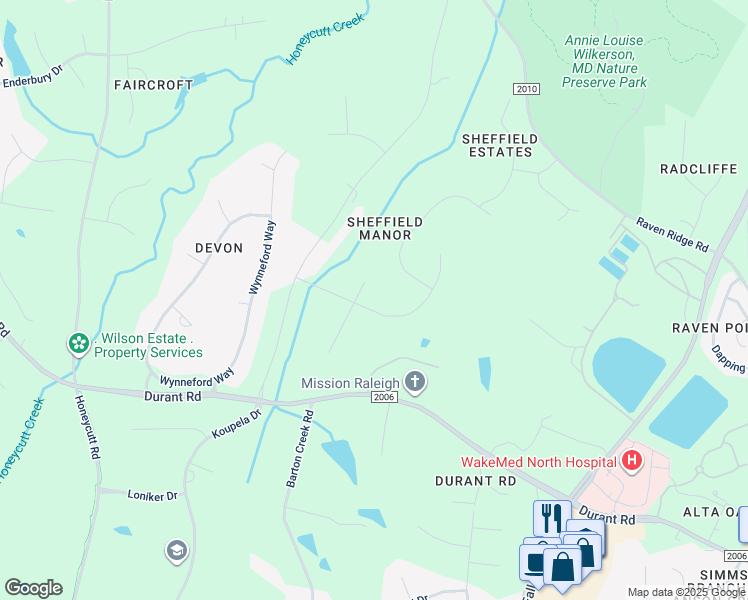 map of restaurants, bars, coffee shops, grocery stores, and more near 1116 Bentham Drive in Raleigh