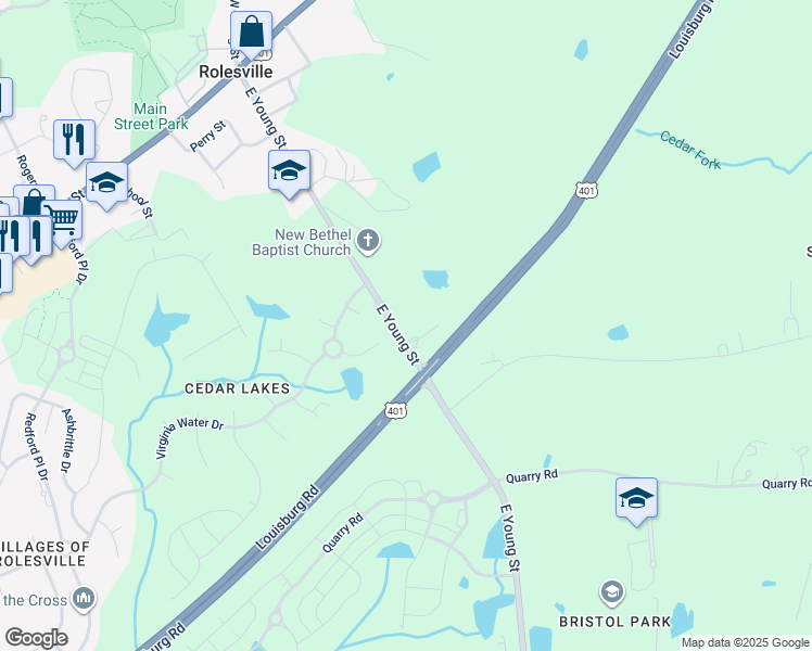 map of restaurants, bars, coffee shops, grocery stores, and more near 737 East Young Street in Rolesville