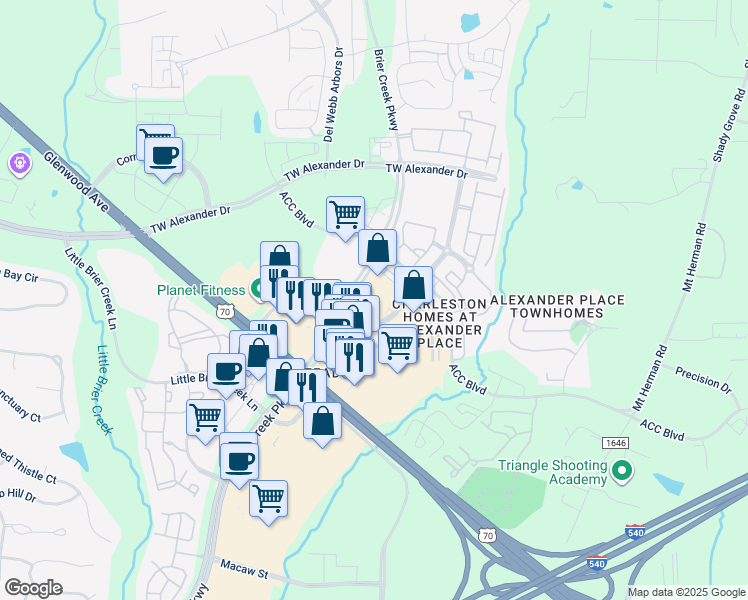 map of restaurants, bars, coffee shops, grocery stores, and more near 7820 Alexander Promenade PI in Raleigh