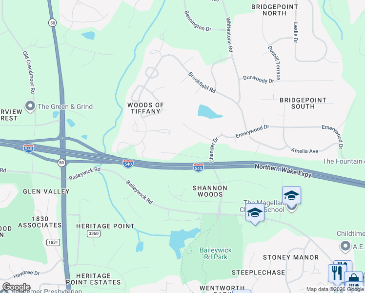 map of restaurants, bars, coffee shops, grocery stores, and more near 715 Malbay Lane in Raleigh