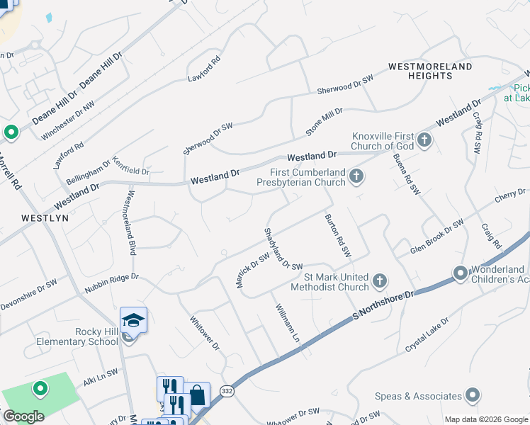 map of restaurants, bars, coffee shops, grocery stores, and more near 7120 Shadyland Drive Southwest in Knoxville