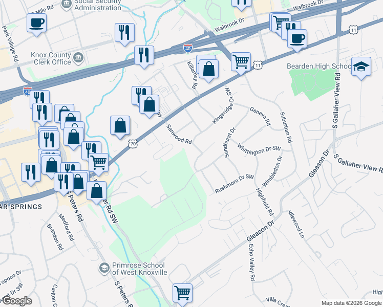 map of restaurants, bars, coffee shops, grocery stores, and more near 8725 Grospoint Drive Southwest in Knoxville