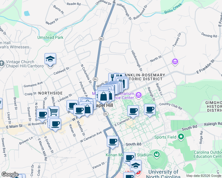map of restaurants, bars, coffee shops, grocery stores, and more near 142 East Rosemary Street in Chapel Hill