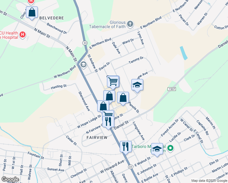 map of restaurants, bars, coffee shops, grocery stores, and more near 2213 Saint Andrew Street in Tarboro