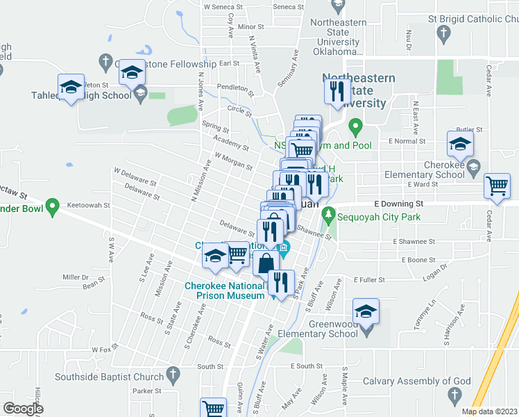 map of restaurants, bars, coffee shops, grocery stores, and more near 224 West Shawnee Street in Tahlequah