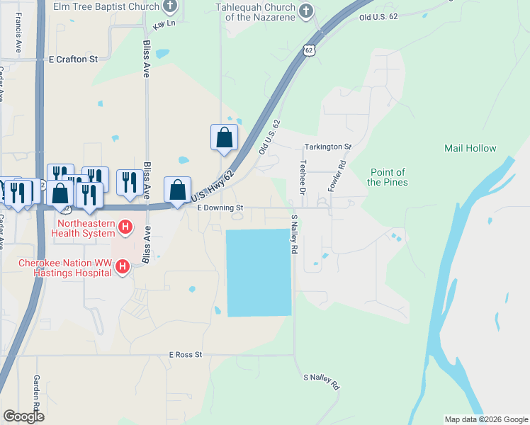 map of restaurants, bars, coffee shops, grocery stores, and more near 1702 East Downing Street in Tahlequah