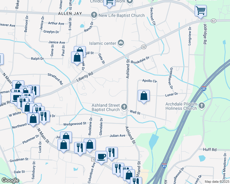 map of restaurants, bars, coffee shops, grocery stores, and more near 625 Ashland Street in Archdale