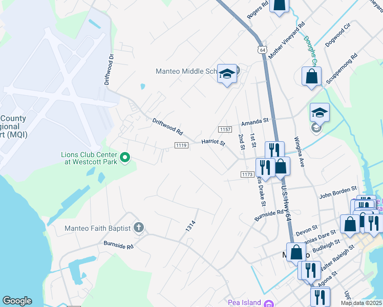 map of restaurants, bars, coffee shops, grocery stores, and more near 1006 George Daniels Road in Manteo