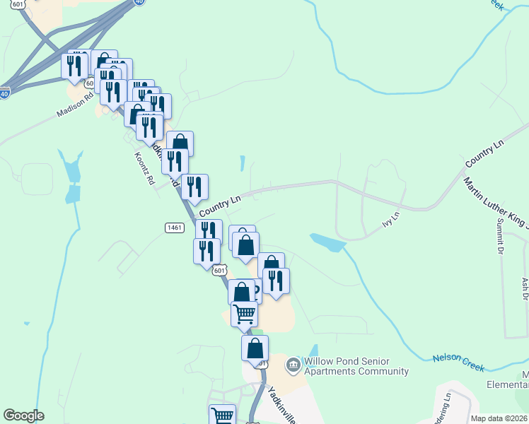 map of restaurants, bars, coffee shops, grocery stores, and more near 1119 Yadkinville Road in Mocksville