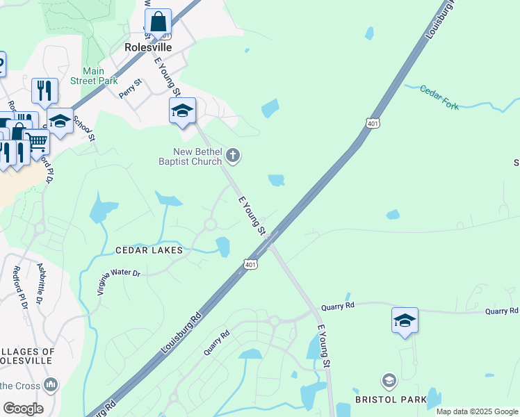 map of restaurants, bars, coffee shops, grocery stores, and more near 737 East Young Street in Rolesville