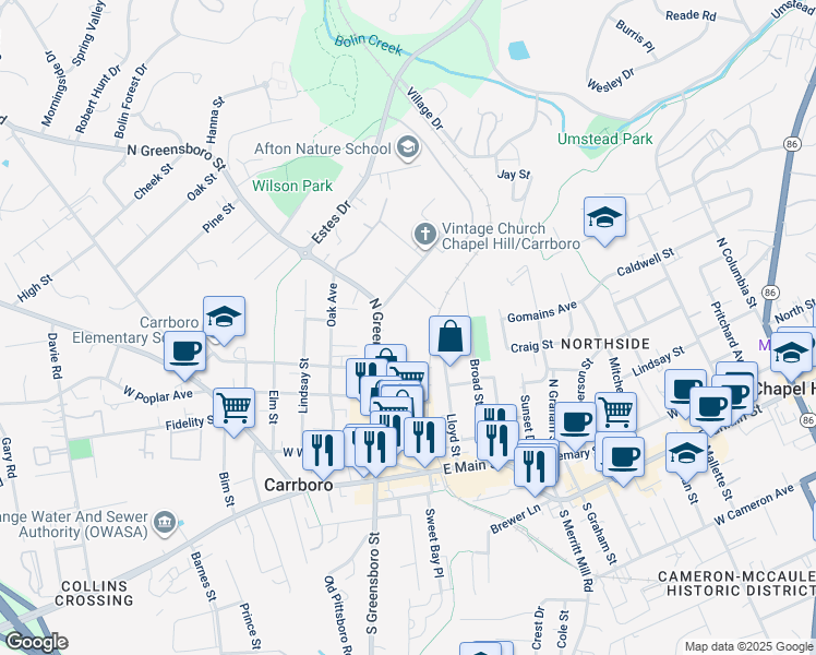 map of restaurants, bars, coffee shops, grocery stores, and more near 506 North Greensboro Street in Carrboro