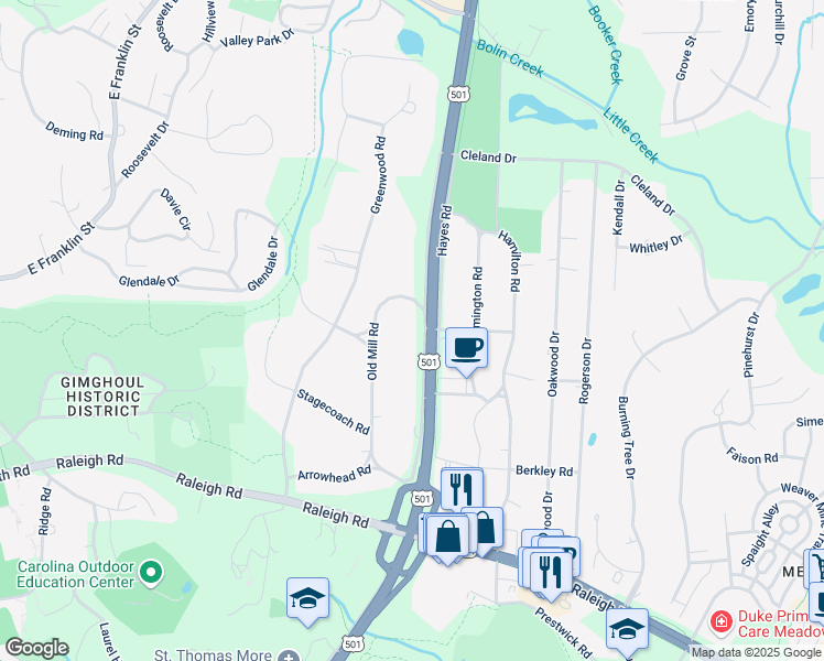 map of restaurants, bars, coffee shops, grocery stores, and more near 800 Christopher Road in Chapel Hill