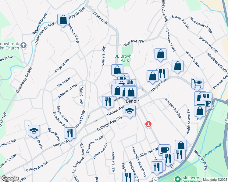 map of restaurants, bars, coffee shops, grocery stores, and more near in Lenoir