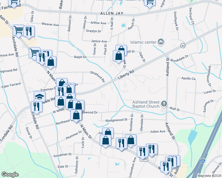 map of restaurants, bars, coffee shops, grocery stores, and more near 406 Maple Grove Court in Archdale