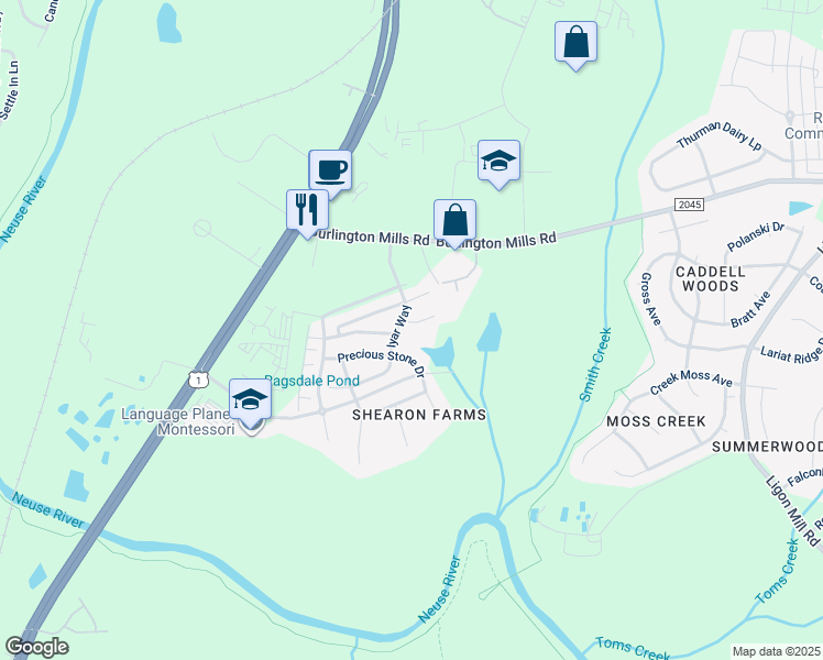 map of restaurants, bars, coffee shops, grocery stores, and more near 4508 Tarkiln Place in Wake Forest