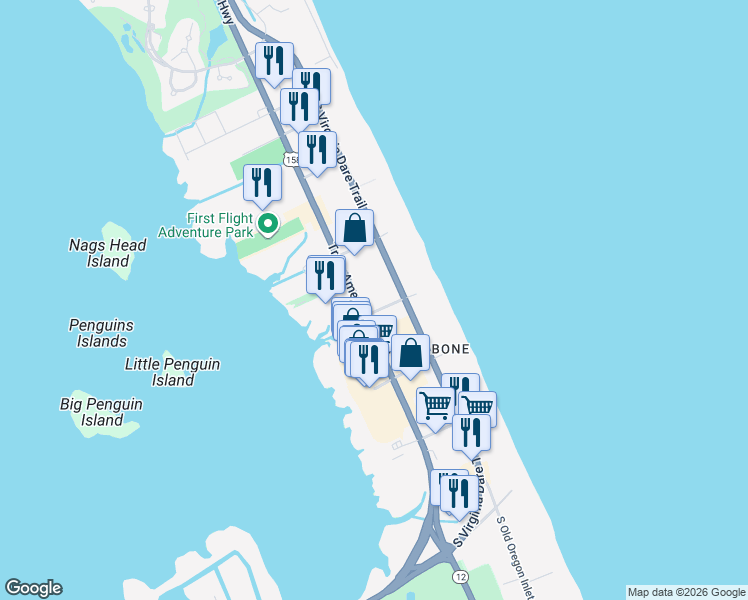 map of restaurants, bars, coffee shops, grocery stores, and more near 7001 S Croatan Hwy in Nags Head