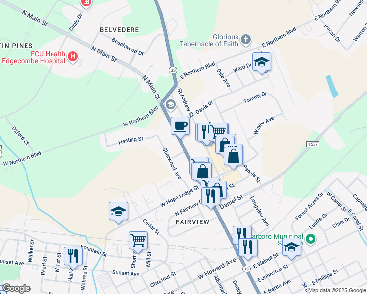 map of restaurants, bars, coffee shops, grocery stores, and more near 2227 North Main Street in Tarboro