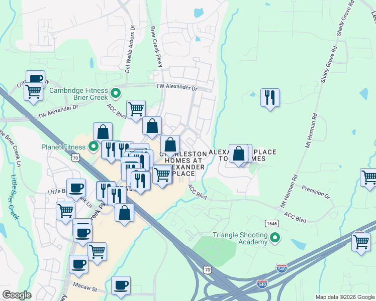 map of restaurants, bars, coffee shops, grocery stores, and more near 7736 ACC Boulevard in Raleigh