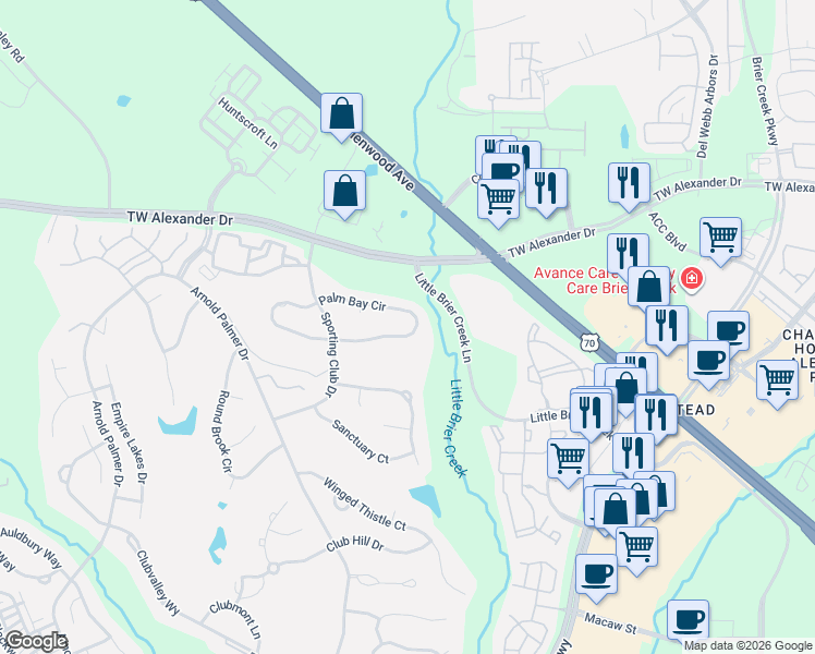 map of restaurants, bars, coffee shops, grocery stores, and more near 9152 Palm Bay Circle in Raleigh