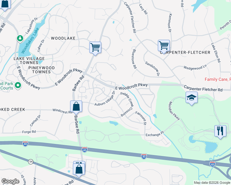 map of restaurants, bars, coffee shops, grocery stores, and more near 1302 Auburn Village Drive in Durham